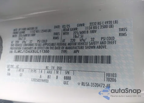 2025 Lincoln Corsair Premiere из США, поврежденный, VIN 5LMCJ1DAXSUL11300